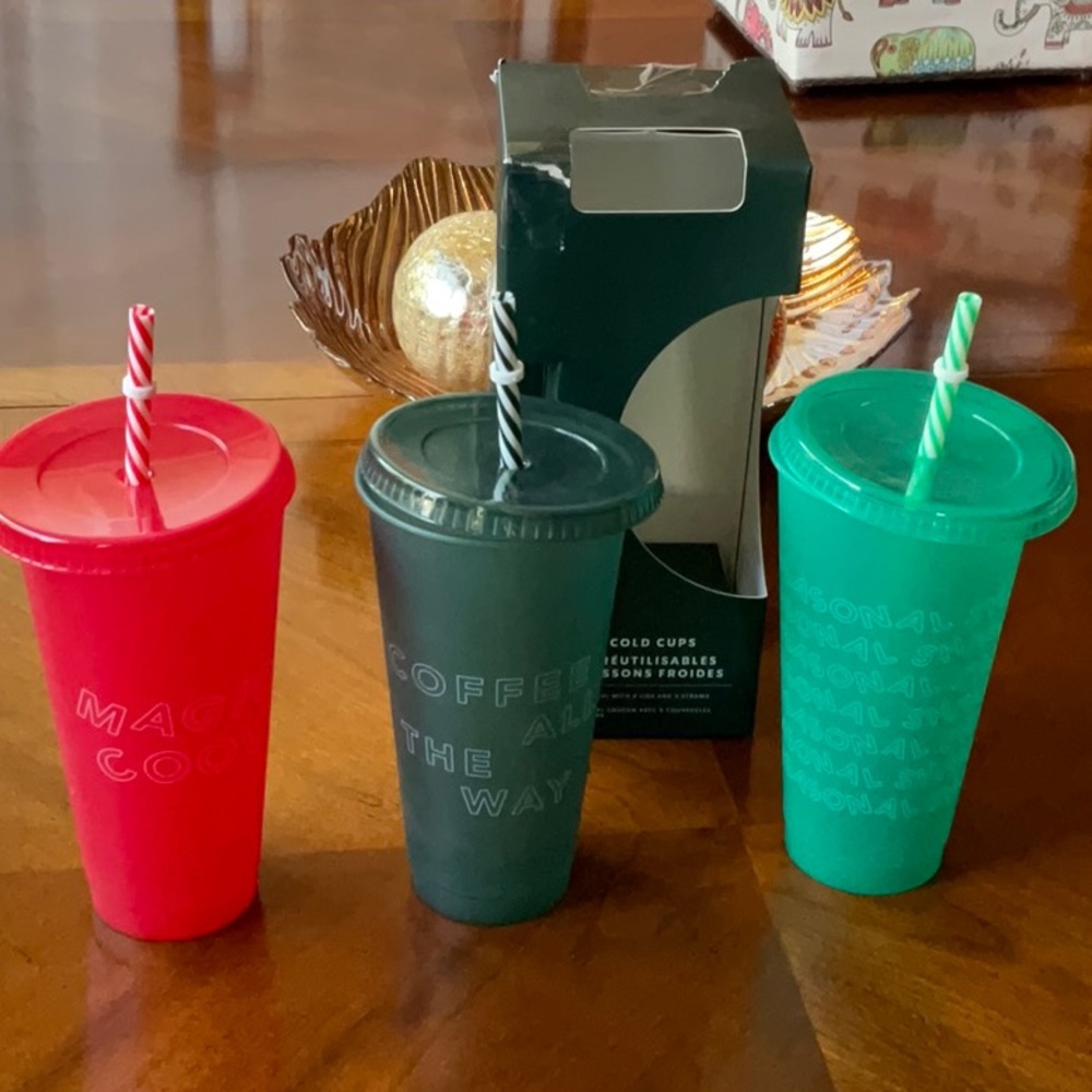 Starbucks Holiday Reusable Cold Cups with lids and straws, set of 3